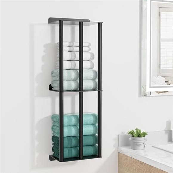 Towel Racks for Bathroom, Wall Mounted Towel Holder, 2 Tier Towel Rack w/ Shelf - Picture 7 of 7